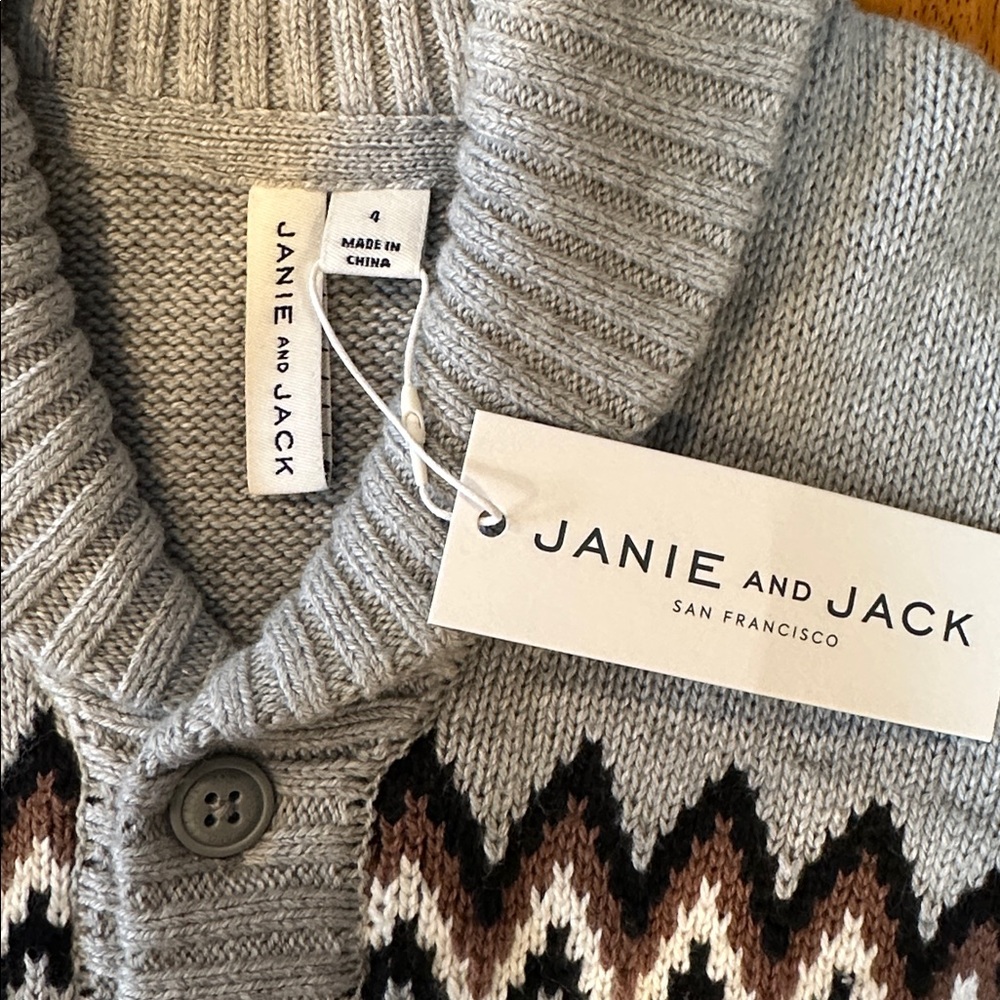 Janie and Jack Gray, Brown, Black & Cream Knit Cardigan. Size 4 - Picture 2 of 8